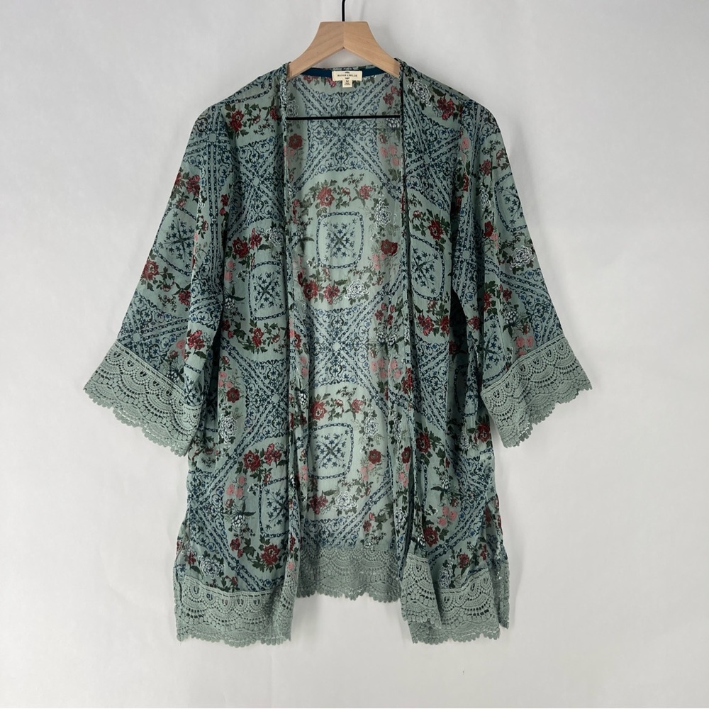 Mason & Belle Chiffon Floral Lace Kimono Cardigan Open Front Boho Feminine M